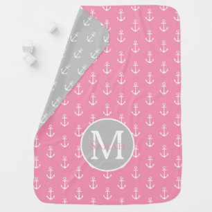 White Anchors on Pink Monogram Reversible Baby Blanket