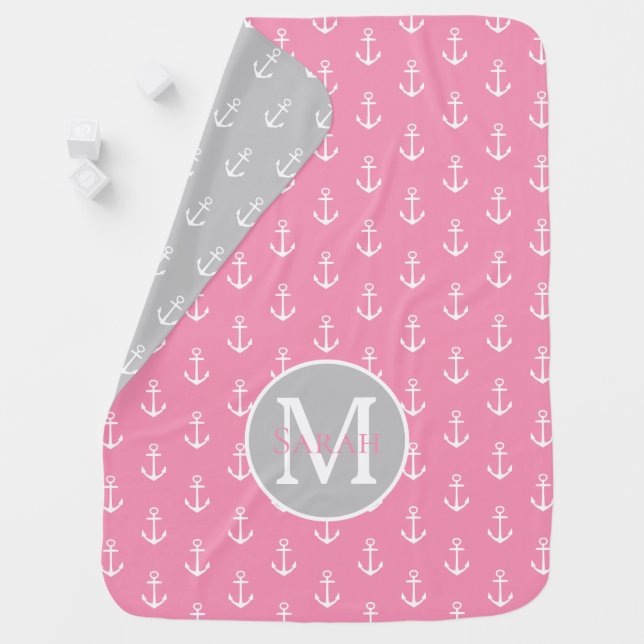 White Anchors on Pink Monogram Reversible Baby Blanket (In Situ)