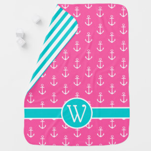 White Anchors on Pink With Aqua Monogram Baby Blanket