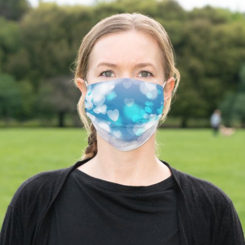 white  and aqua heart pattern adult cloth face mask