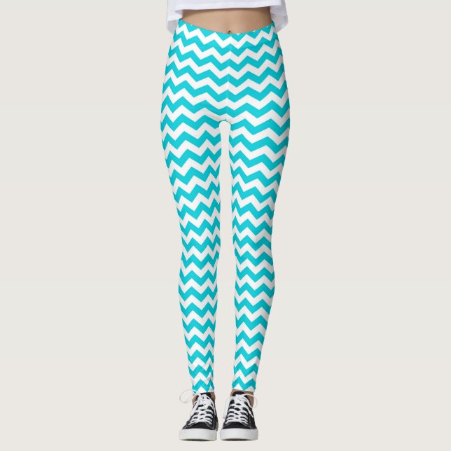 White and Aqua Zig Zag Pattern Leggings (Front)