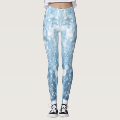 White and Baby blue Aesthetic Christmas Snow  Leggings