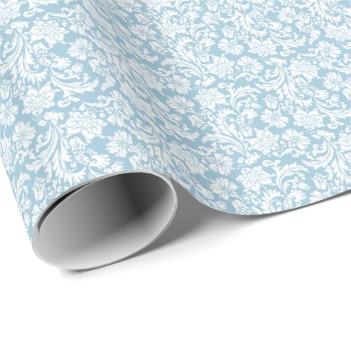 White And Baby Blue Floral Damasks Pattern Wrapping Paper