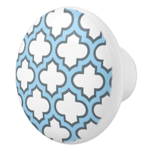 White and Baby Blue Trellis, Lattice, Quatrefoil Ceramic Knob