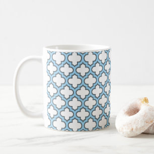 White and Baby Blue Trellis, Lattice, Quatrefoil Coffee Mug