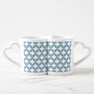White and Baby Blue Trellis, Lattice, Quatrefoil Coffee Mug Set