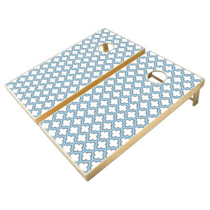 White and Baby Blue Trellis, Lattice, Quatrefoil Cornhole Set