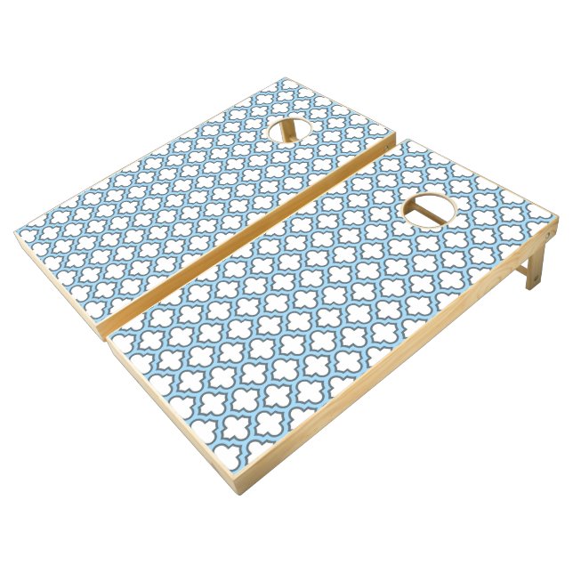 White and Baby Blue Trellis, Lattice, Quatrefoil Cornhole Set (Angled)