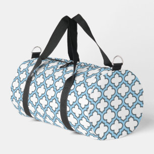 White and Baby Blue Trellis, Lattice, Quatrefoil Duffle Bag