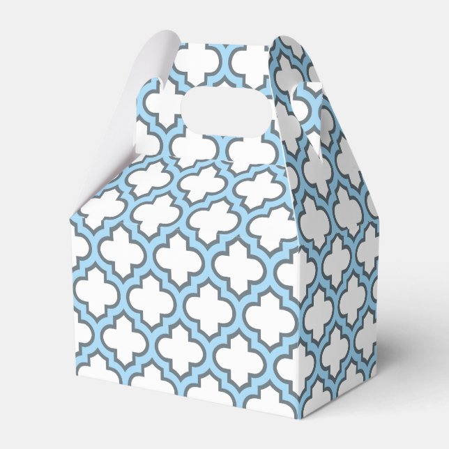 White and Baby Blue Trellis, Lattice, Quatrefoil Favor Boxes (Front Side)