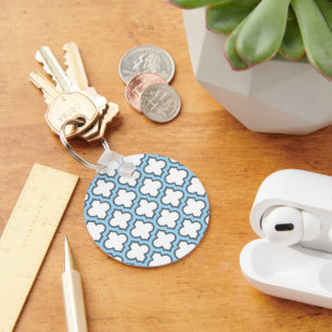 White and Baby Blue Trellis, Lattice, Quatrefoil Keychain