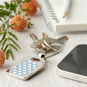White and Baby Blue Trellis, Lattice, Quatrefoil Keychain