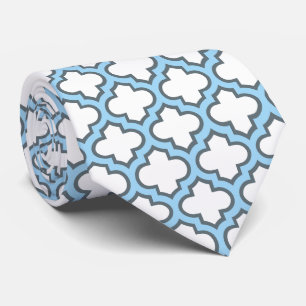 White and Baby Blue Trellis, Lattice, Quatrefoil Neck Tie