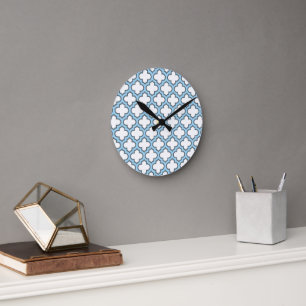 White and Baby Blue Trellis, Lattice, Quatrefoil Round Clock