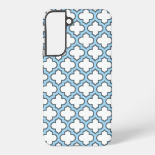 White and Baby Blue Trellis, Lattice, Quatrefoil Samsung Galaxy S22+ Case