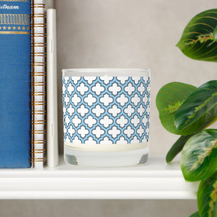 White and Baby Blue Trellis, Lattice, Quatrefoil Scented Candle