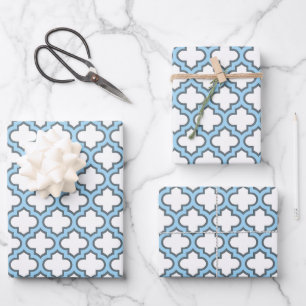 White and Baby Blue Trellis, Lattice, Quatrefoil Wrapping Paper Sheets