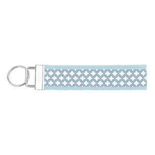 White and Baby Blue Trellis, Lattice, Quatrefoil Wrist Keychain