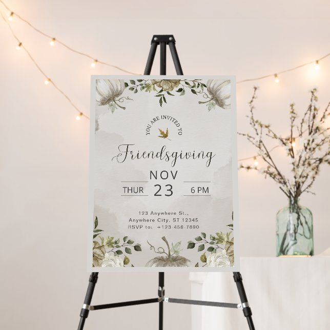 White and Beige Floral Friendsgiving Dinner Foam Board (In Situ (Stand))