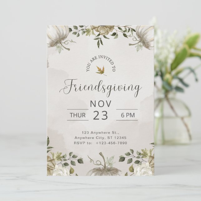 White and Beige Floral Friendsgiving Dinner  Invitation (Standing Front)