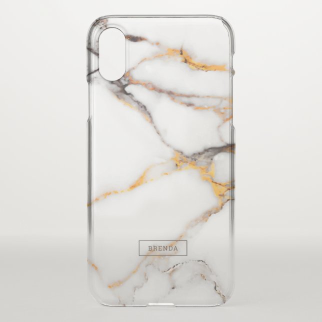 White and beige luxury faux marble stone uncommon iPhone case (Back)