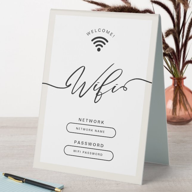White and Beige Minimalist Simple Wifi Zone Table Tent (In SItu (Table))