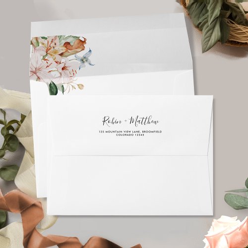White and Beige Stain Earthy Blooms Floral Wedding Envelope