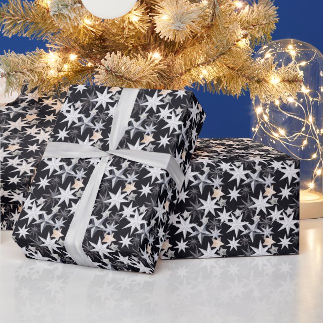 White And Beige Stars. Black Background. Christmas Wrapping Paper (Holidays)