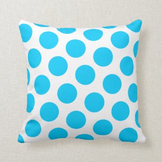 White and Big Aqua Blue Polka Dot Throw Pillow