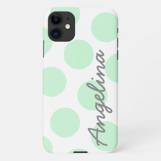 White and Big Pastel Mint Green Polka Dot Pattern iPhone 11 Case