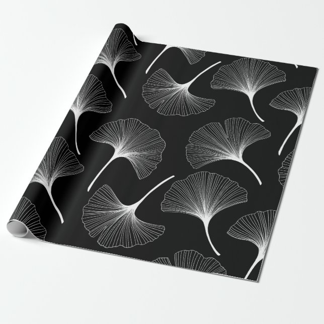 White and black abstract leaves pattern wrapping paper (Unrolled)