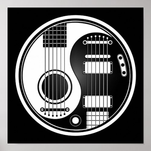 White and Black Acoustic Electric Guitars Yin Yang Poster