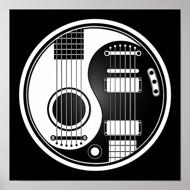 White and Black Acoustic Electric Guitars Yin Yang Poster (Front)