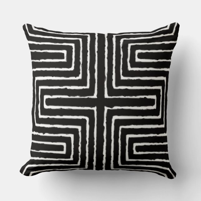  White and Black African Maze Mud Cloth Tribal Throw Pillow (Front)