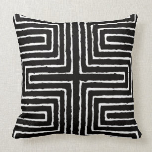  White and Black African Maze Mud Cloth Tribal Throw Pillow