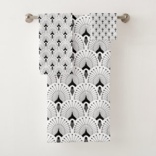 White and black art-deco pattern bath towel set