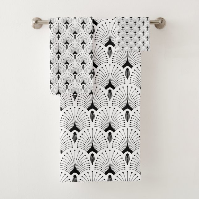 White and black art-deco pattern bath towel set (Insitu)