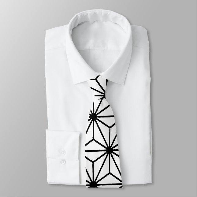 White and Black Art Deco Style Triangles Pattern Neck Tie (Tied)