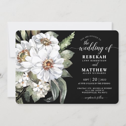 White and Black Botanical  Dahlia Wedding  Invitation