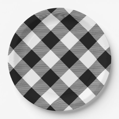 White and Black Buffalo Plaid Paper Plate
