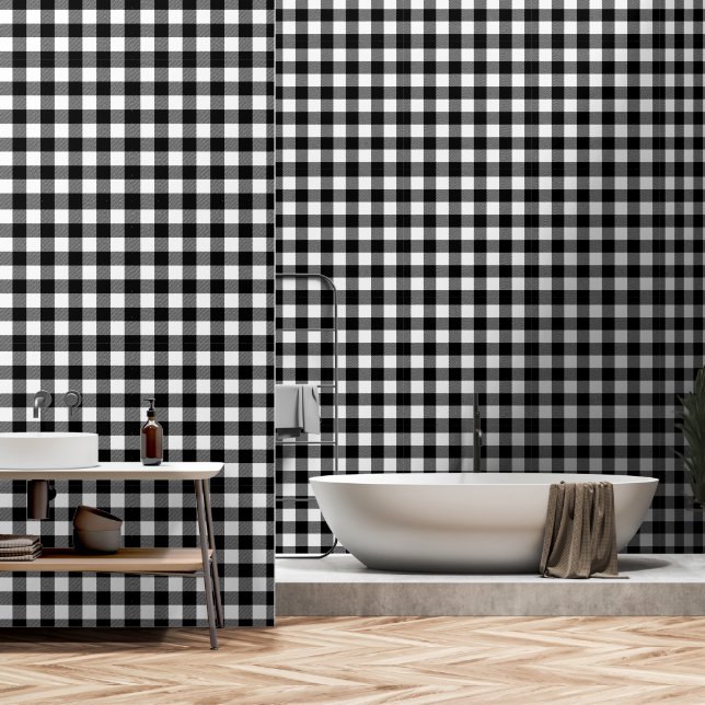 White and Black Buffalo Plaid Wallpaper (Bathroom)
