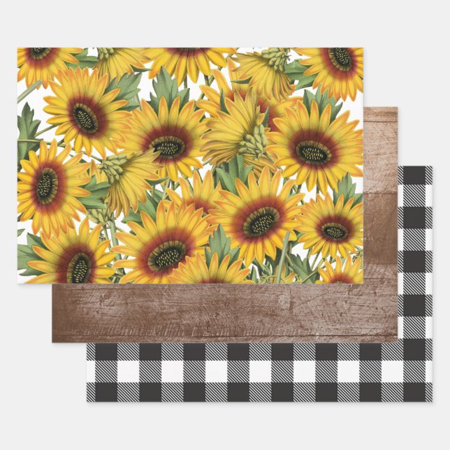 White and Black Buffalo Plaid Wood Sunflowers Wrapping Paper Sheets (Set)