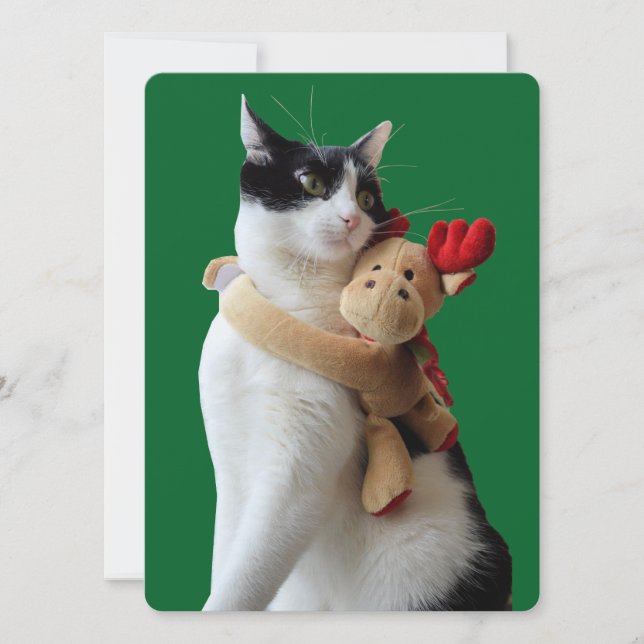 White and Black Cat & Reindeer Christmas Toy Holiday Card (Front)