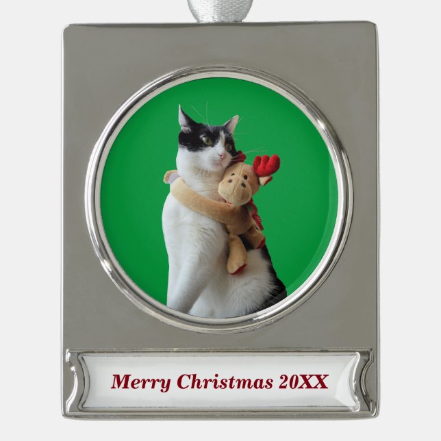 White and Black Cat & Reindeer Christmas Toy Silver Plated Banner Ornament (Front)