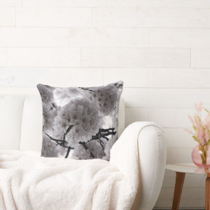 White and Black Cherry Blossoms Throw Pillow