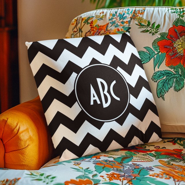 White and Black Chevron Monogram Throw Pillow (White and Black Chevron Monogram Throw Pillow)