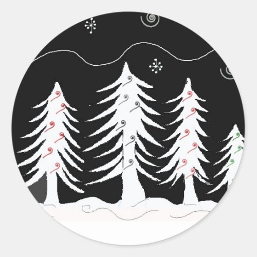 White and Black Christmas Scene Classic Round Sticker