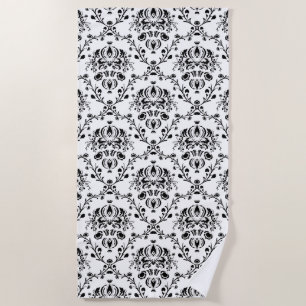 White and Black Damask Beach Towel