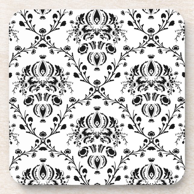 White and Black Damask Beverage Coaster (Front)