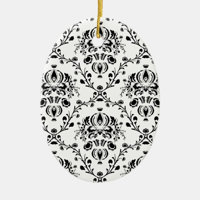 White and Black Damask Ceramic Ornament (Front)